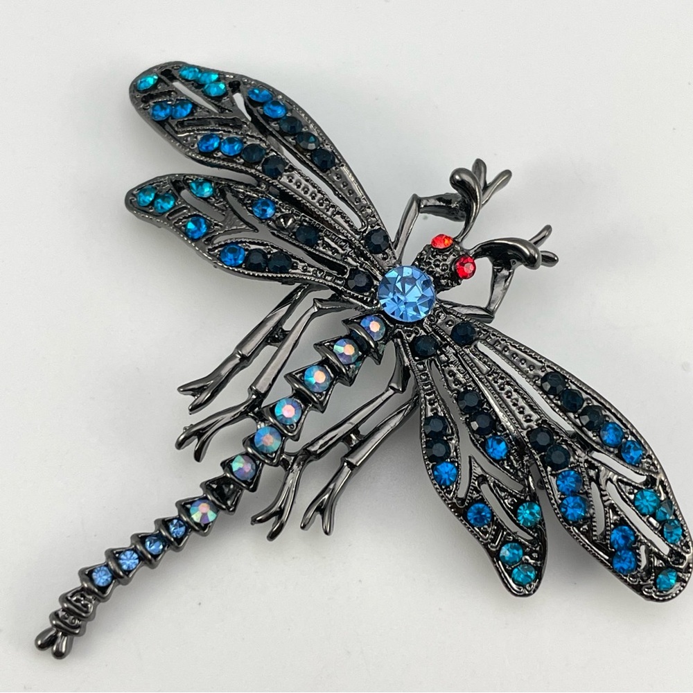 Blue Crystal Dragonfly Brooch Gunmetal Black Sparkle Insect Pin Vintage Style - Picture 4 of 6